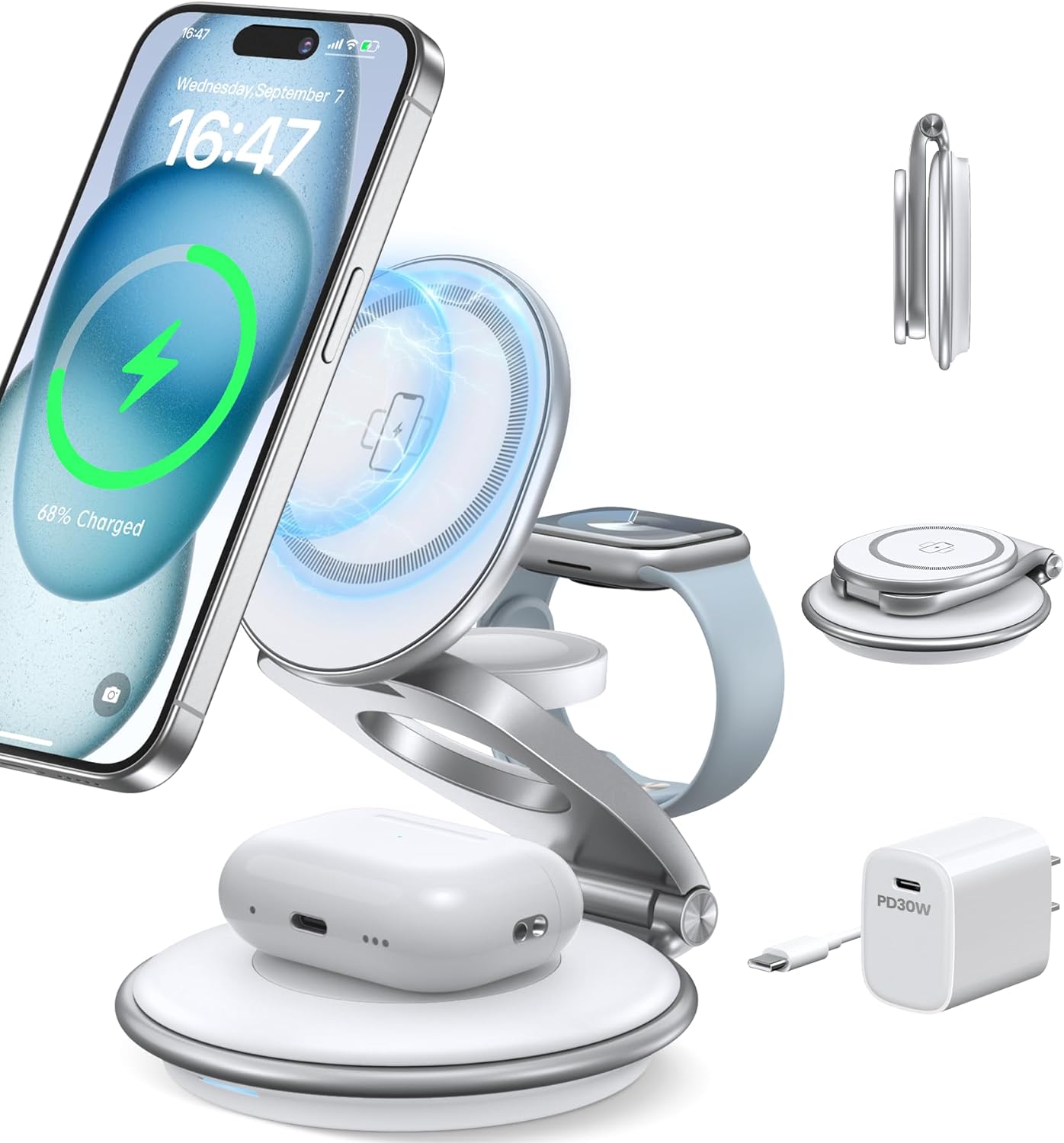 Charging Station for Apple Multiple Devices: 3 in 1 Foldable Magnetic Wireless Charger Stand for Mag-Safe iPhone – Travel Charging Dock for iPhone 15 14 13 12 Pro Max Plus & Apple Watch & Airpods Charging Station for Apple Multiple Devices: 3 in 1 Foldable Magnetic Wireless Charger Stand for Mag-Safe iPhone – Travel Charging Dock for iPhone 15 14 13 12 Pro Max Plus & Apple Watch & Airpods