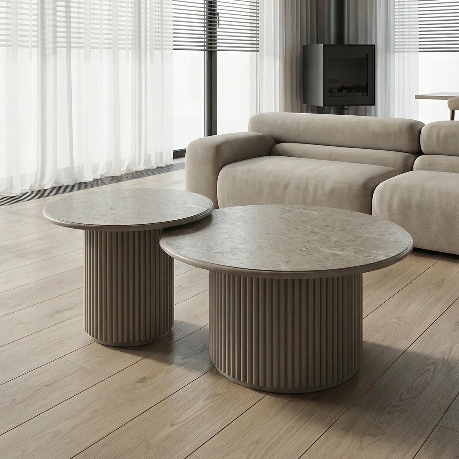 Furnhouse Easy Table basse ronde | Aspect marbre Lamelles Pied colonne Ø 80 cm Beige – Design scandinave Table de salon
