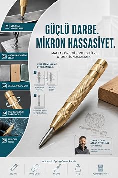 Transformacion Otomatik Yaylı Merkez Zımbası Pirinç Noktalama Kalemi Çekiçsiz Matkap Kılavuz Açıcı Metal Ahşap İşaretleme Aleti HSS Uçlu Ayarlanabilir Profesyonel Cam Kırıcı 723521