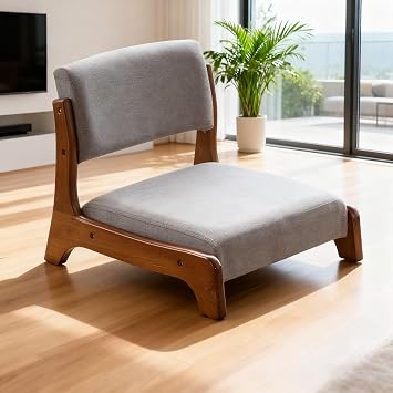 Japanese Floor Chair Tatami Zaisu Legless Floor Meditation Chair with Back Support Floor Chair Solid Wood Tatami for Living Room, Bedroom, Bay WindowWalnut-Grey