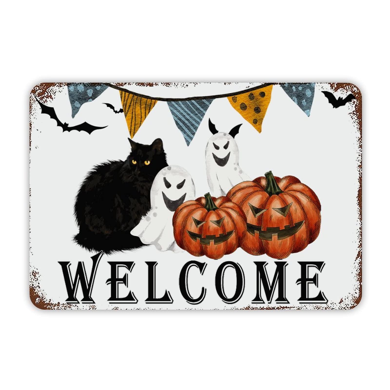 ENEDNATE Welcome Halloween Cat Pumpkin Ghost Aluminum Tin Metal Sign for Indoor Outdoor Business Retail Store Patio Yard Home Decoration Easy to Mount Wall Art Print Poster 8x12 Inch
