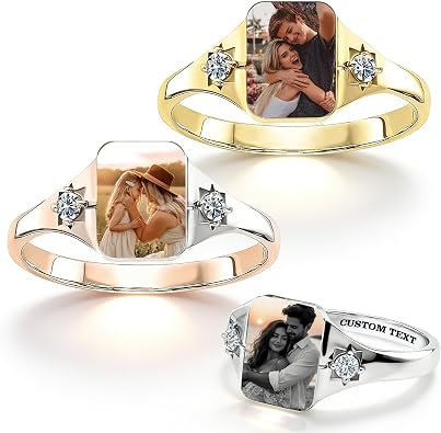 Custom Photo Ring Engraved Name Personalized Birthstone Rings Memorial Heart Promise Ring Gift for Anniversary Birthday Mothers Day