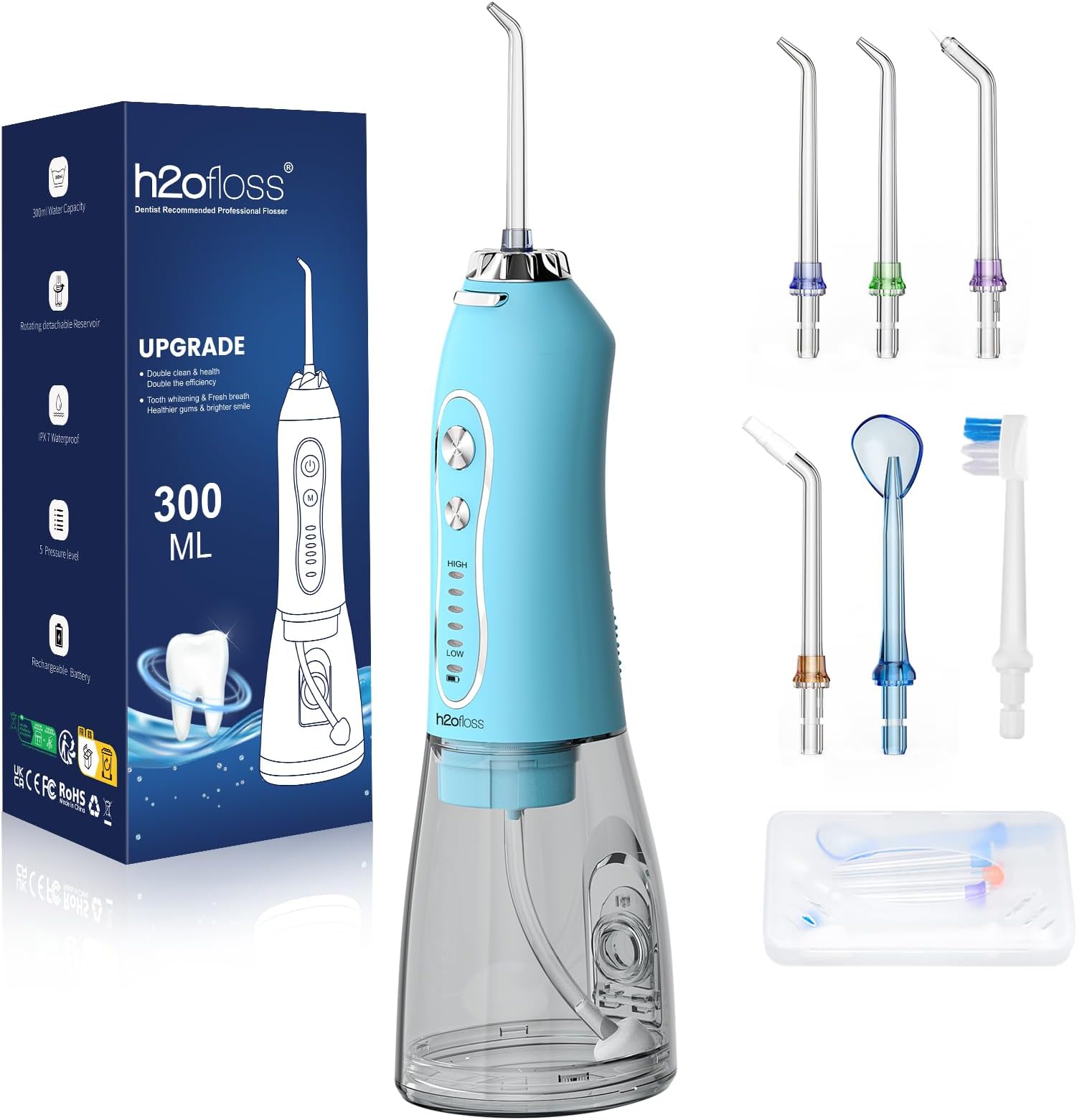 H2ofloss Water Dental Flosser Teeth Cleaner Pick, Cordless Portable Oral Irrigator,5 Mode IPX7 Waterproof Teeth Picks 300ML Rechargeable WaterFlosser for Teeth Cleaning Sky Blue