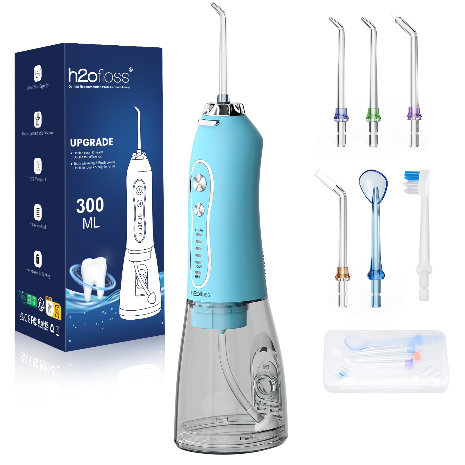 H2ofloss Irrigador dental de agua portátil inalámbrico, 5 modos IPX7 impermeable, irrigador bucal recargable de 300 ml para limpieza de dientes, azul cielo