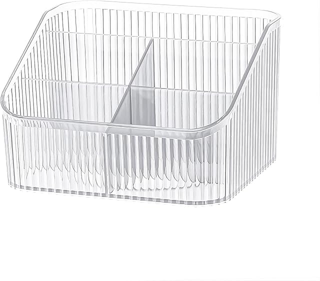 DASITON Porte brosse de maquillage de grande capacité,5 Pinceau de maquillage de fente, Support de brosse de maquillage rayée à l'intérieur, pour le décor de la vanité, comptoirs de salle de bains, contenant de stockage de bureau, cas d'affichage cosmétique(Clear-L)