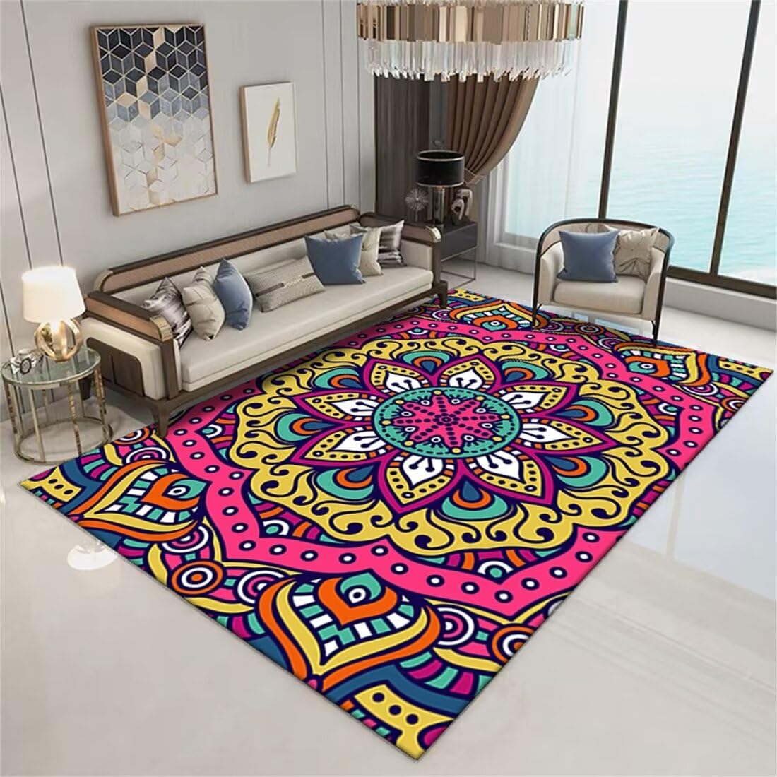 Tapis chambre ado pour zone canapé et salon à fleurs