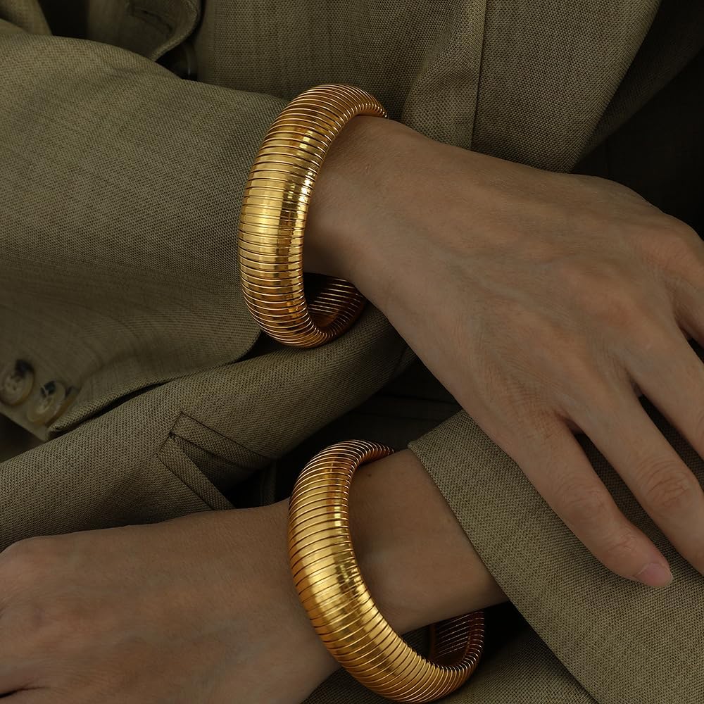 OIDIMS Fashion Bangles for Women Men Chunky Stretch Bracelets Gold Plated Stainless Steel Minimalist Stretchy Snake Link Chain Flexible Wide Wristband Stack Bracelets Designer Unisex Gift - Image 3