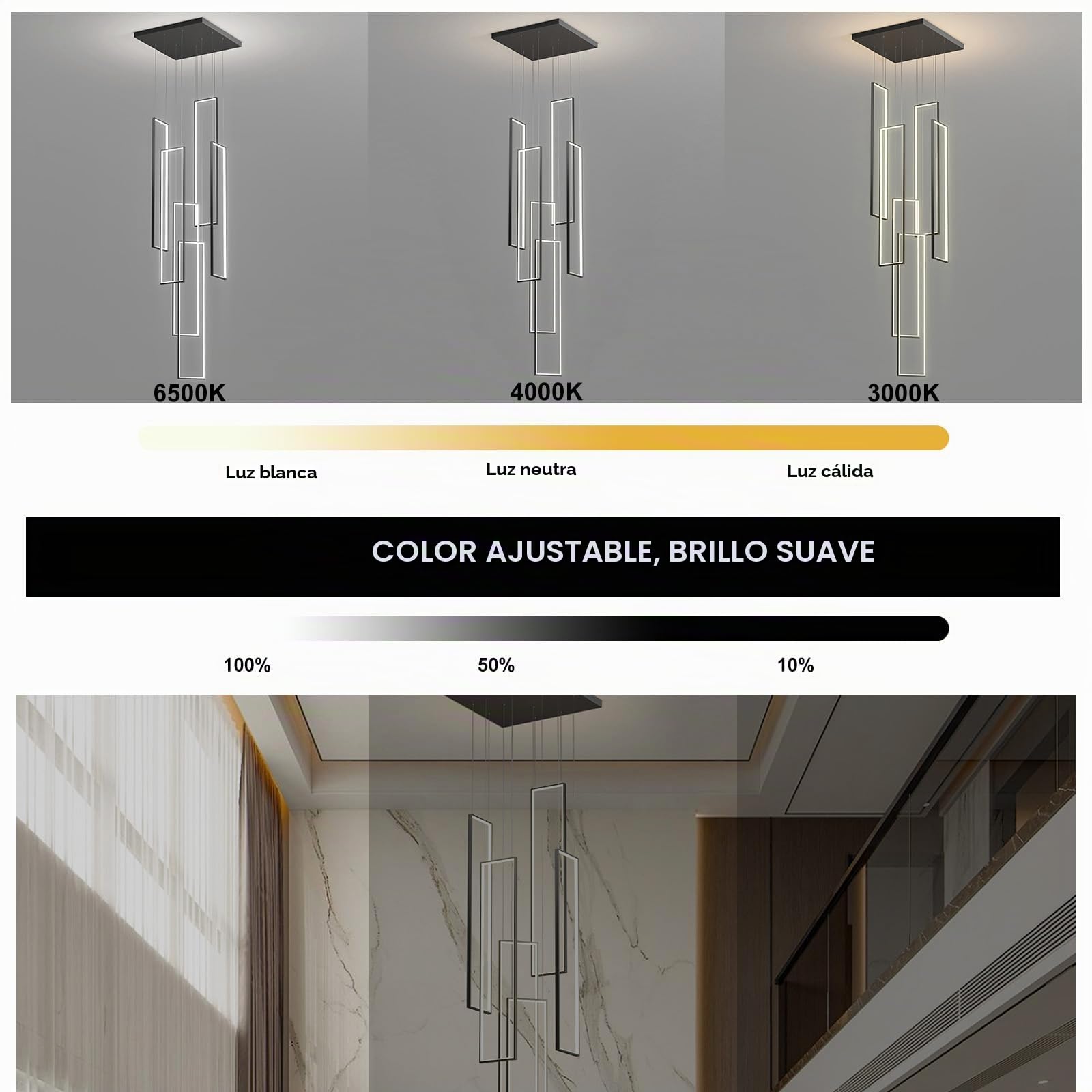 Qcyuui Lámpara de Techo LED Moderna Suspendida para Escaleras, 6 Luces Regulables, Plafón para Entrada de Chalet, Escaleras y Salones, Rectangular 90W con Mando a Distancia | Lámpara colgante rectangular con mando a distancia para villa, entrada, escalera