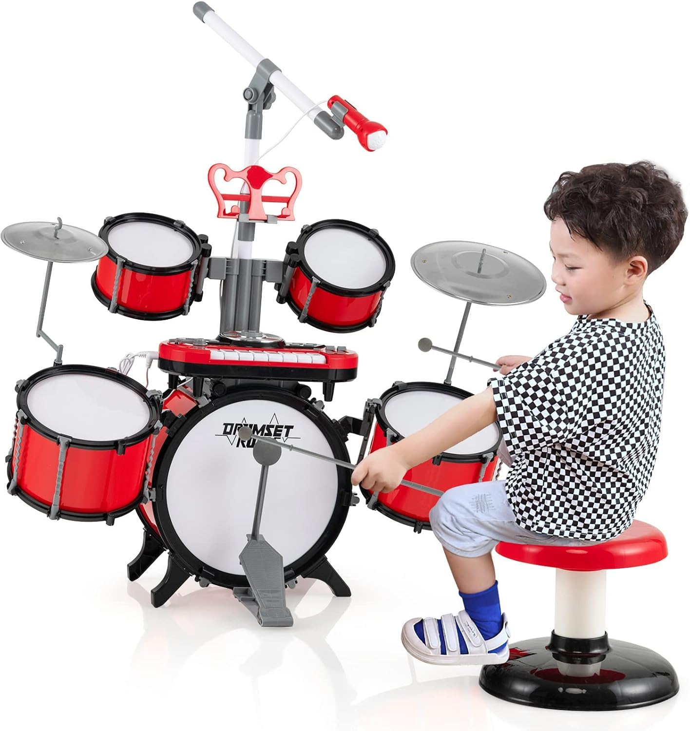 GOPLUS Juego de Batería Infantil con Taburete, Batería de Jazz Juguete Musical con Teclado de 8 Teclas, 1 Micrófono, 2 Baquetas, Conector MP3, Instrumento de Percusión para Niños 3+ Años