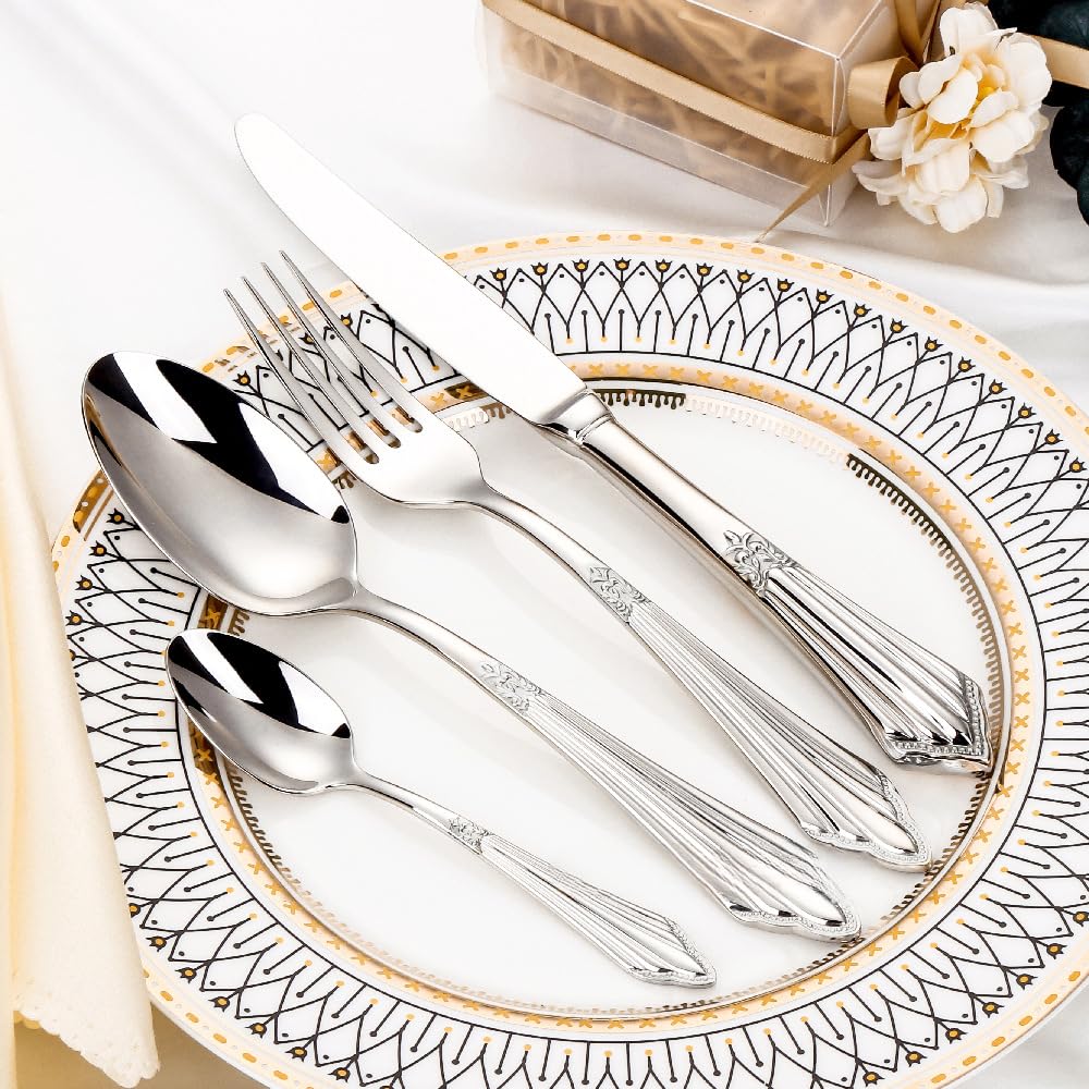 Manico in Rilievo Cucina in Acciaio Inox Argenteria Stoviglie Posate Set Posate Bistecca Coltello Forchetta Cucchiaio Cucchiaino (Argento Oro,16 pezzi)