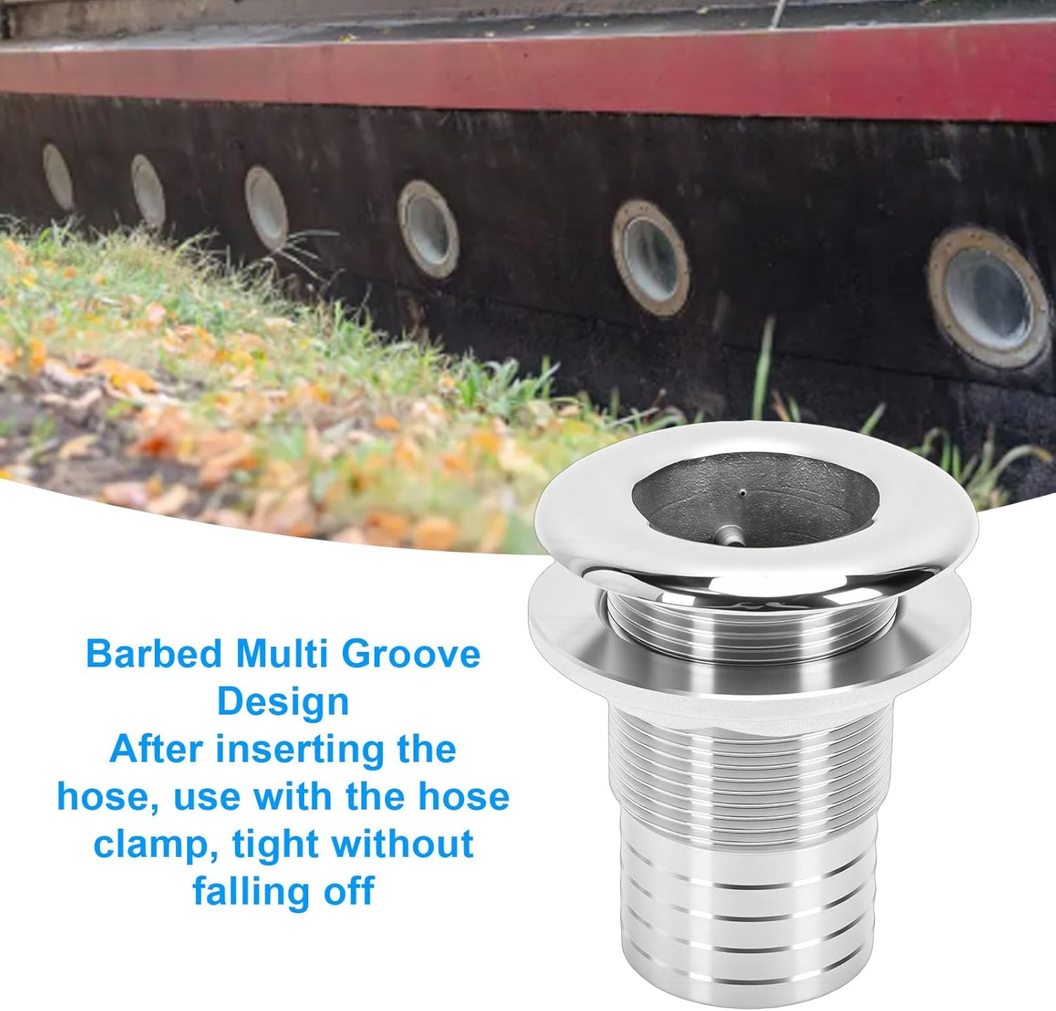Thru Hull Barbed Fitting, 1-1/2 Inch Half Thread Boat Plumbing Fittings 316 Stainless Steel Outlet Inlet Connector for Marine Equipment, No Gasket
