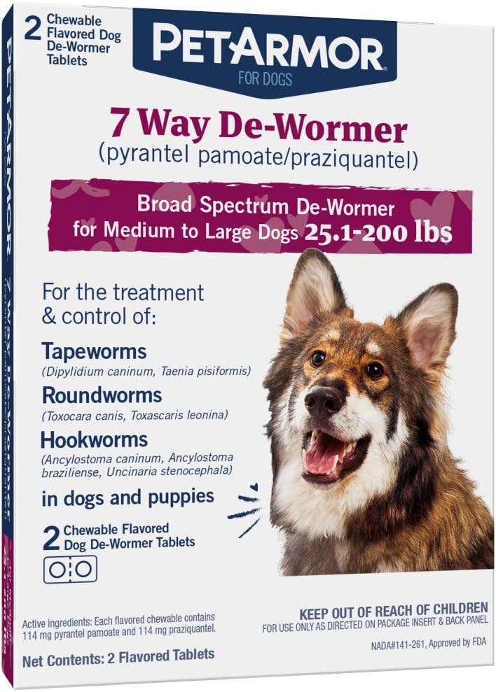 PetArmor 7 Way De-Wormer (Pyrantel Pamoate and Praziquantel) for Dogs, Includes Chewable Flavored Dog De-Wormer Tablets for Medium and Large Dogs Greater Than 25 Pounds.