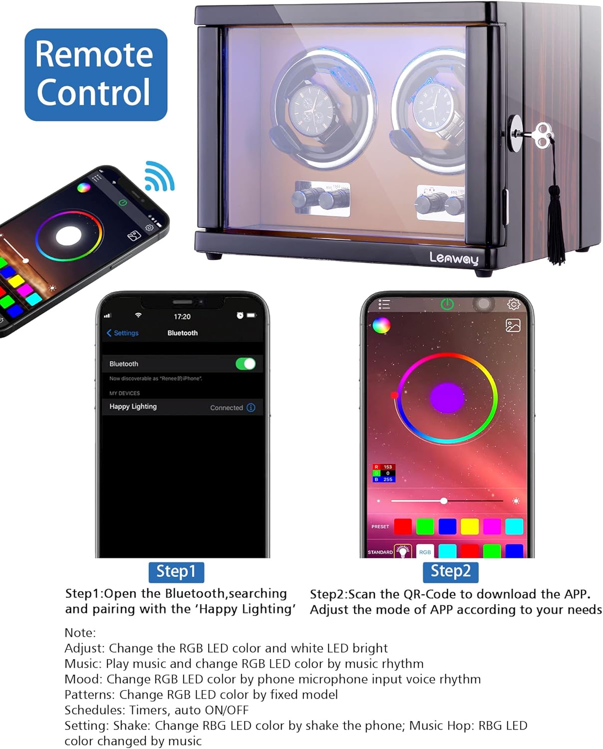 Automatic Watch Winder ，Watch Winders for Automatic Watches,Watch Winder with Quiet Motor, 15 Rotation Modes，with Led Light， High-End Piano Paint Baking Process Double Watch Winder for Rolex