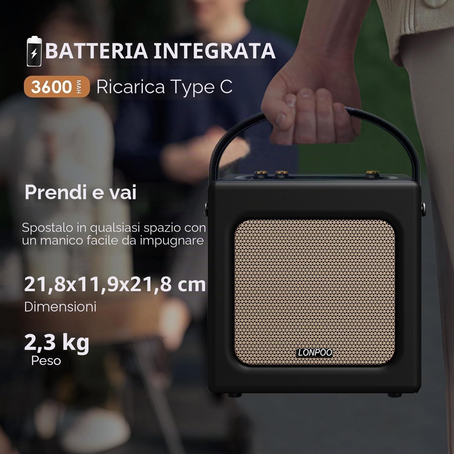 LONPOO Stereo Altoparlante Bluetooth retrò effetto pelle con batteria, altoparlante portatile da 20 W con riproduzione USB, Aux-IN, connettore microfono da 6,5 mm, ricarica di tipo C, nero