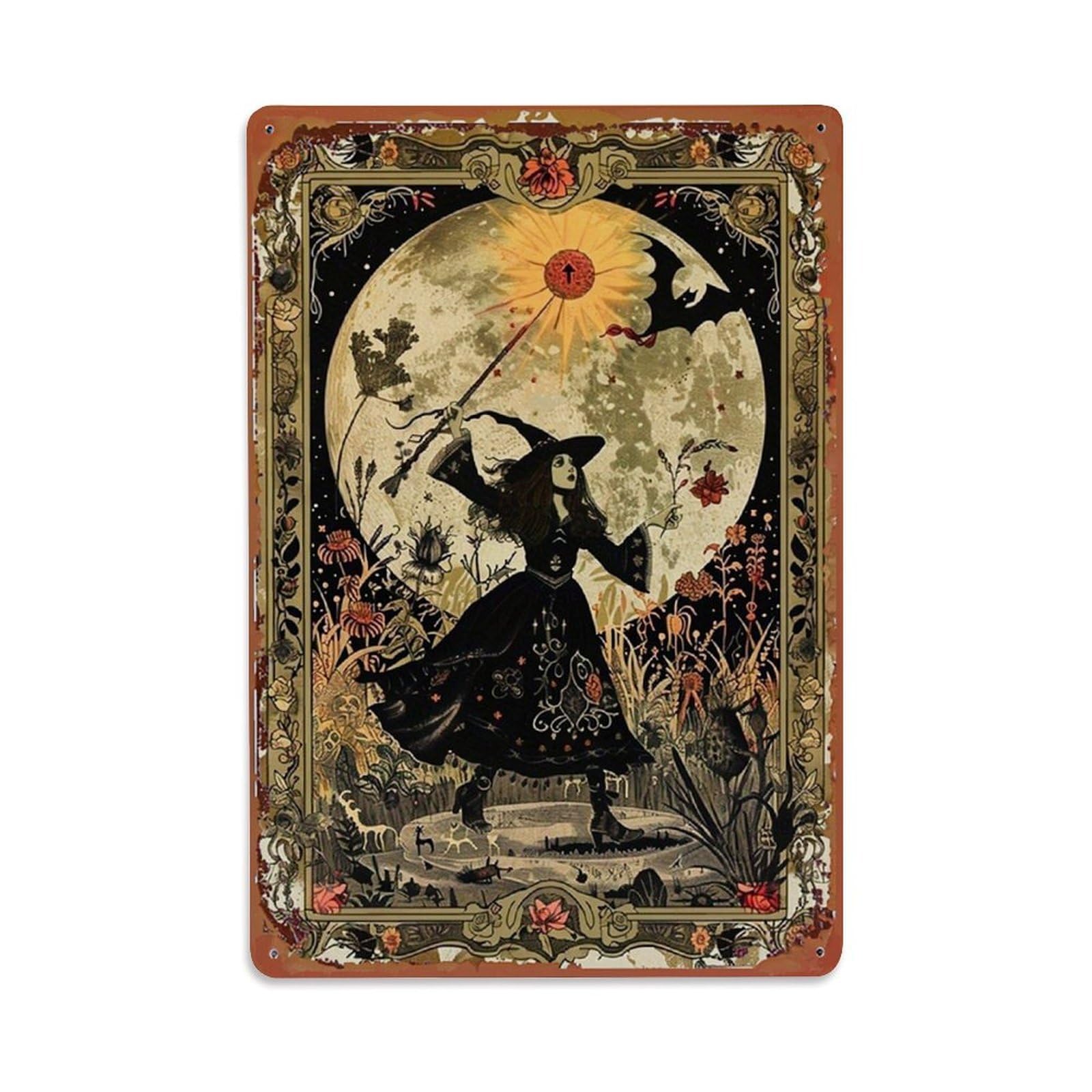 Witch Moon Flower Bat Star Tin Sign Metal Poster Vintage Metal Signs for Home Man Cave Bar Cafe Kitchen laundry room Wall Decorations Gift 8x12Inch