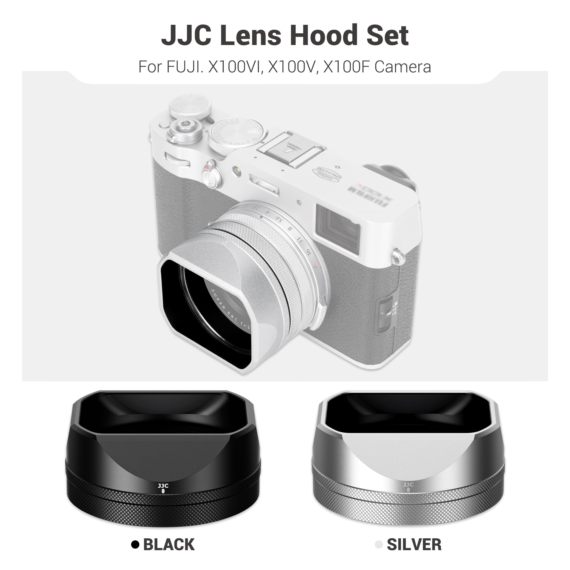 JJC Klasyczna kwadratowa metalowa osłona obiektywu z pierścieniem adapterowym 49 mm + osłona na obiektyw do aparatu Fujifilm X100VI Fuji X100V - obsługuje mocowanie filtru 49 mm - czarny