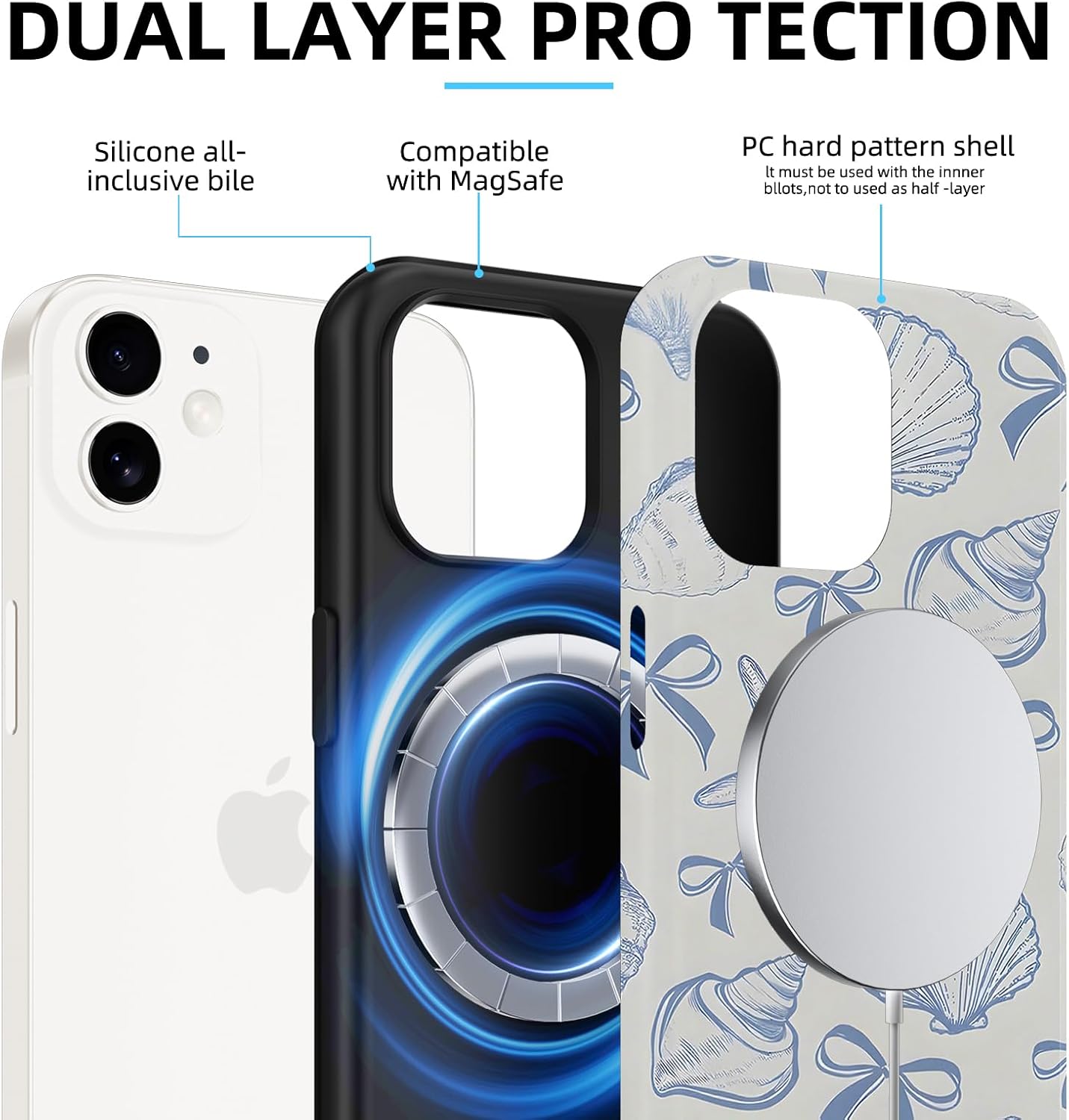 Cute Summer Dark Blue Seashell Bow Phone Case for iPhone 12 Pro/iPhone 12 Starfish Magnetic Case 6.1" Compatible with Magsafe, Aesthetic Bowknot Beach Pattern 2-in-1 Cover for Women Girls image 3