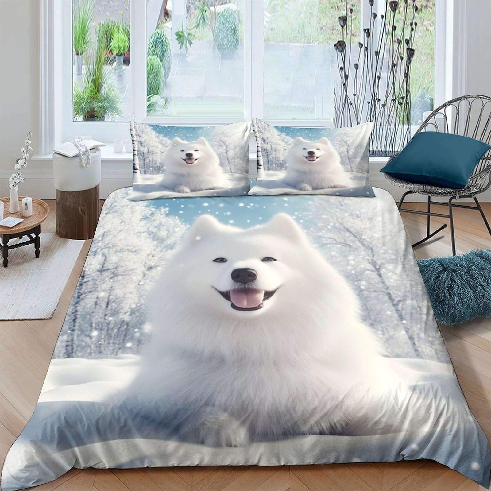 Ctjqhvkz Style-2 3D Printed White Samoyed Dog Fitted Sheet Microfiber Soft Bed Cover For Bedroom Guest Room Decor Easy Care Single（135X200cm）