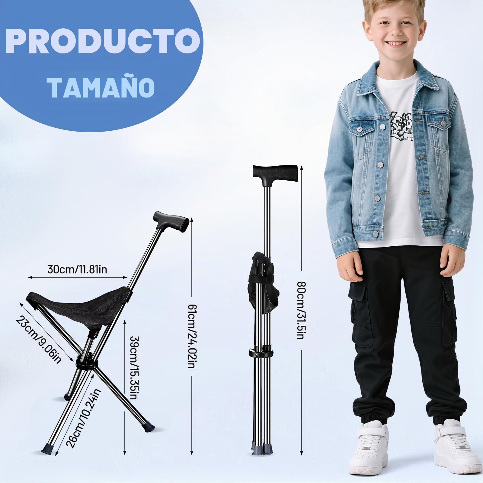 MagiDeal Bastón de trekking con asiento, taburete de trípode, taburete portátil independiente, silla de bastón plegable para acampar, mujeres y personas