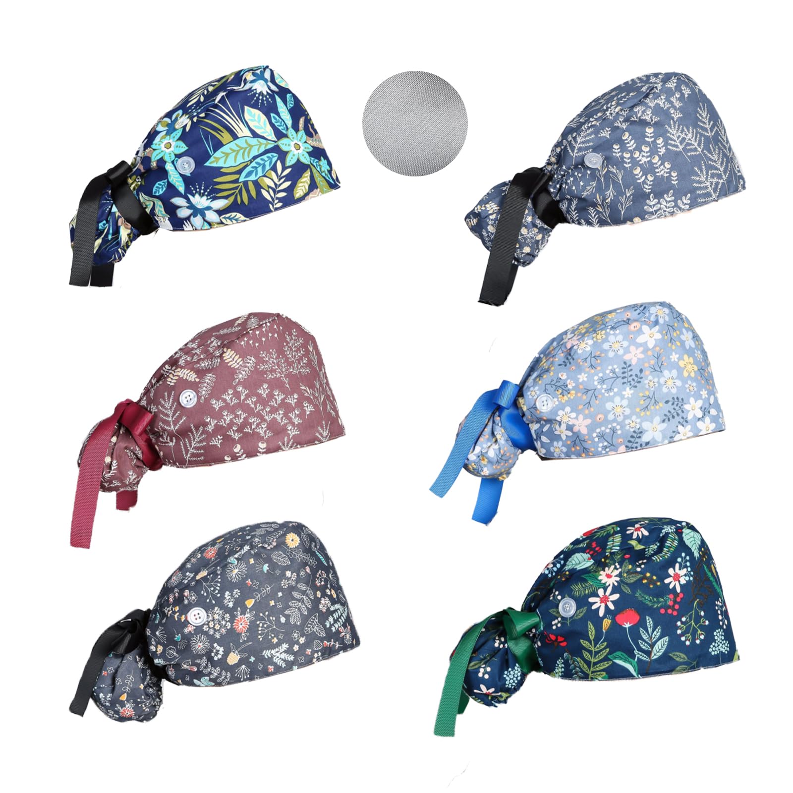 CEYAZYE 6 Pcs Satin Lined Scrub Caps Women Nurse, Surgical Hats with Buttons & Sweatband, Adjustable Ponytail Working Hat with Tie Back, Long Hair