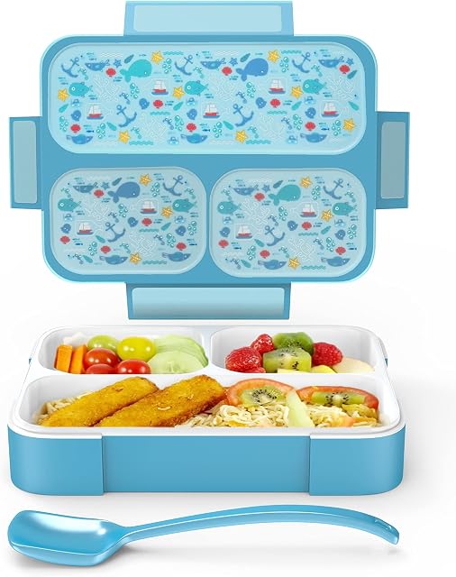SaaG Lunch Box, Leakproof Bento Box for Kids, Food Container with 3 Compartments and Cutlery, Microwave and Dishwasher Safe Meal Prep Containers
