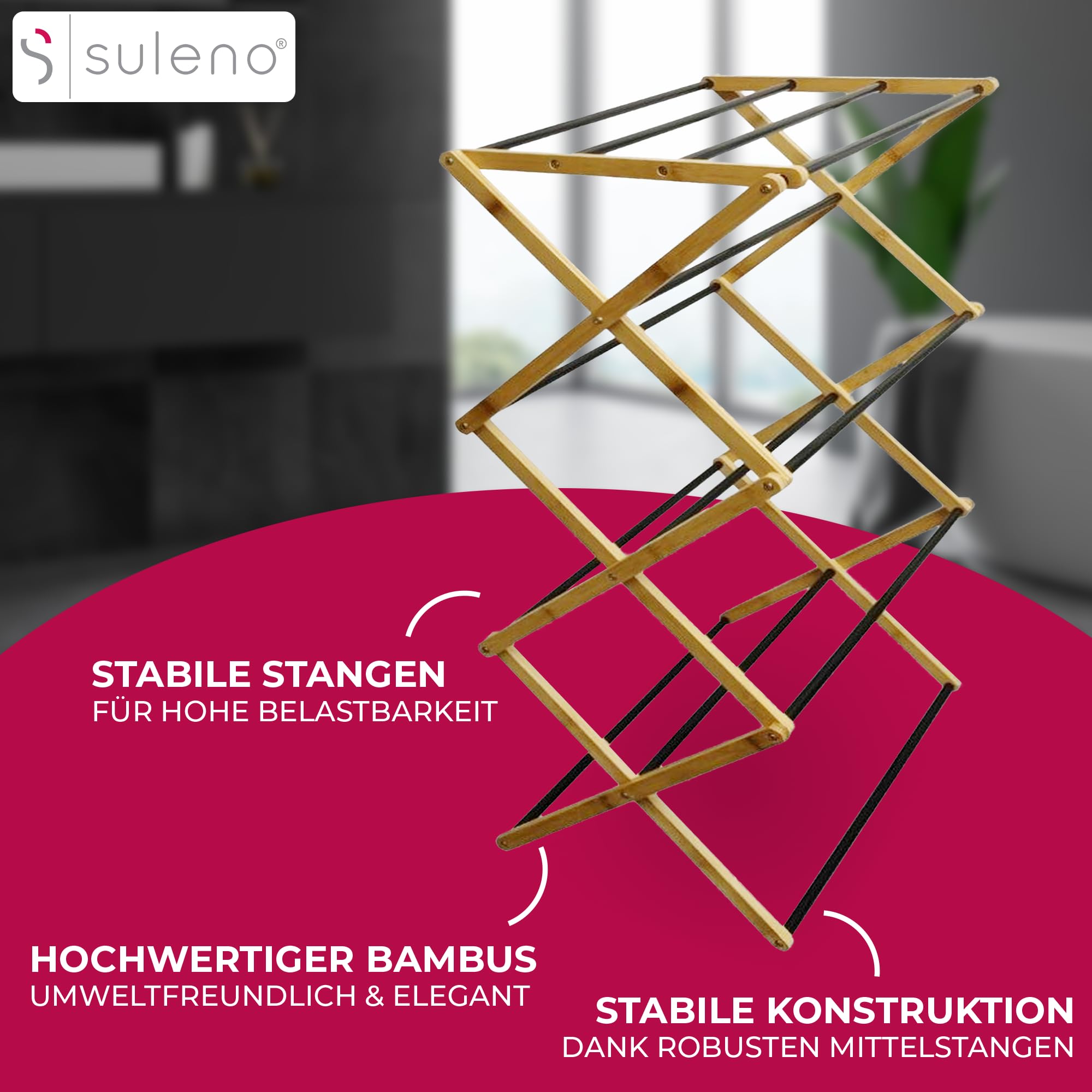 Suleno Bambus Wäscheständer Bali, 57x113cm Klappbar & Ausziehbar | Platzsparend, 11 Metallstangen, 6 Ebenen, Leicht, Ideal für kleine Wohnungen, Enge Räume & Balkon, Innen/Außen, Faltbar, Turm