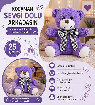 Pelüş Piti Kareli Pelüş Ayı,Siyah Beyaz Fiyonklu Ayıcık,Sevimli Fiyonklu Ayıck,Papyonlu Ayıcık,Doldurulabilir Oyuncak,Ofis Hediyesi (Lila)