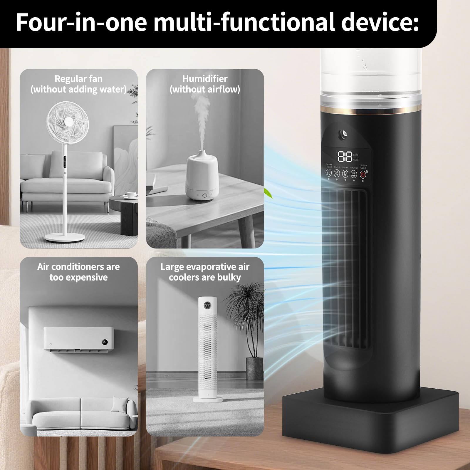 Mini condizionatore portatile a 6 livelli, con serbatoio dell'acqua da 100 ml, raffreddamento rapido 3S, telecomando senza contatto, timer 6H, umidificatore, inferiore a 36 dB, silenzioso per camera