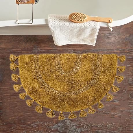 Gorgeous Golden Accent: Handwoven Boho Bath Rug with Tassels