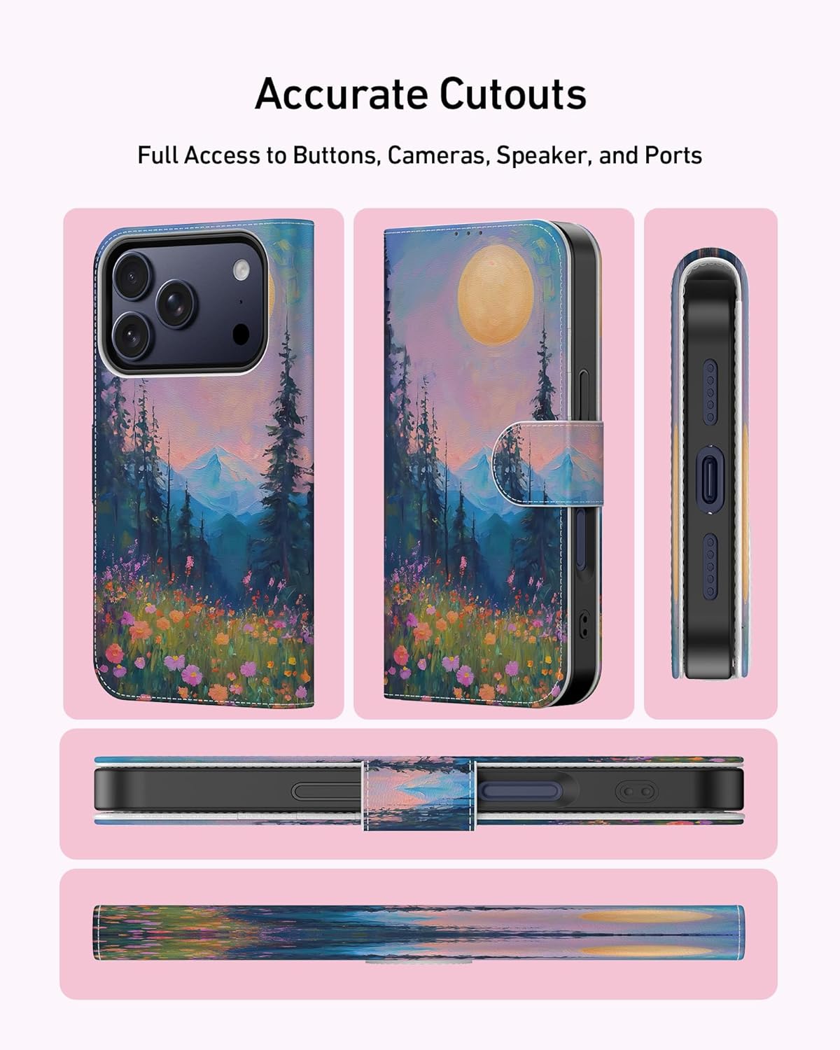 DEENAKIN for iPhone 17 Pro Wallet Case with Card Holder + Cash Clip, RFID-Blocking, Military-Grade Drop Protection, Magnetic Closure with Leather Kickstand - Mountain Blossom Glow - Image 4