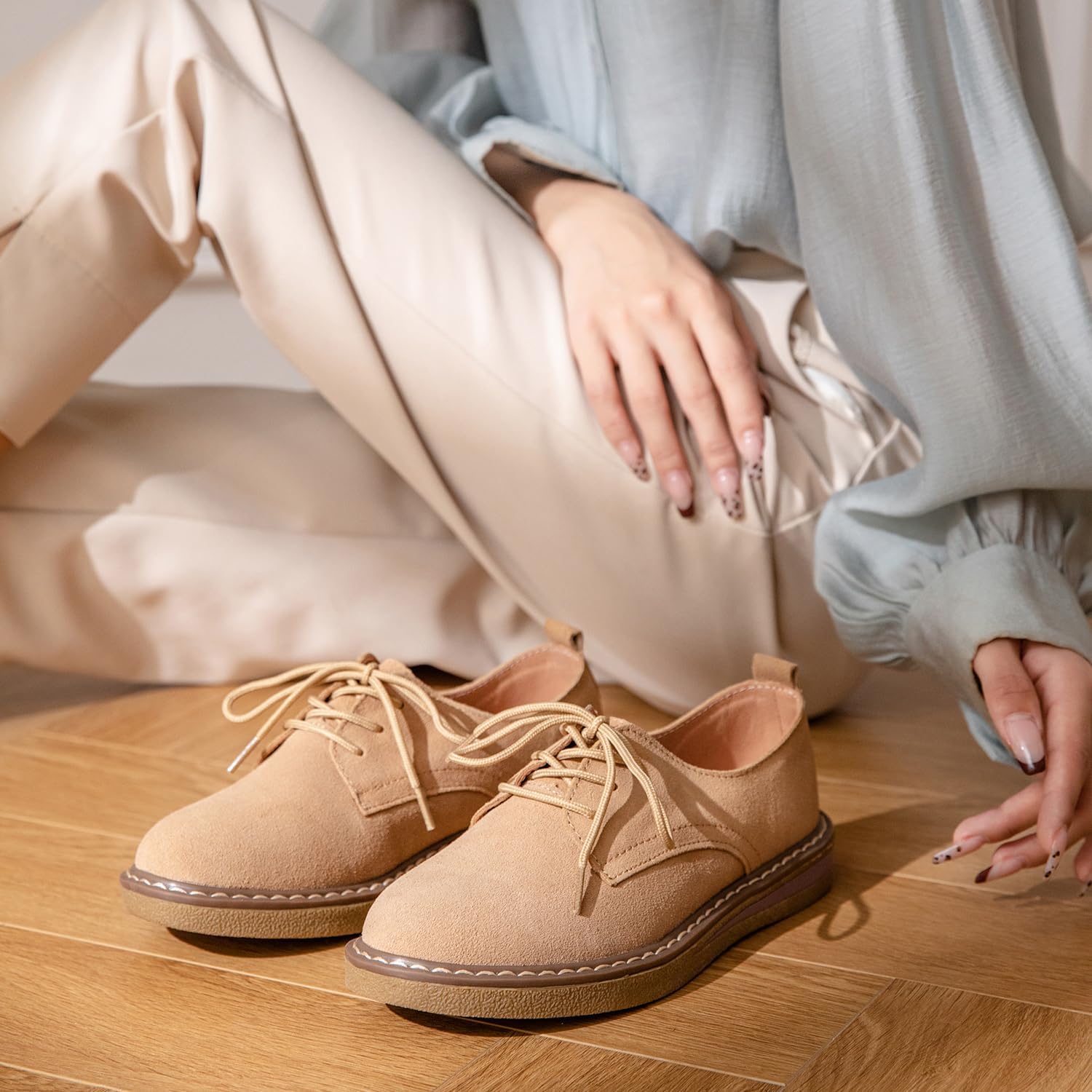 Veroders Women's Suede Oxford Shoes Classic Lace-Up Loafers Round Toe Comfortable Dress Business School Uniform Casual Flat - Image 2