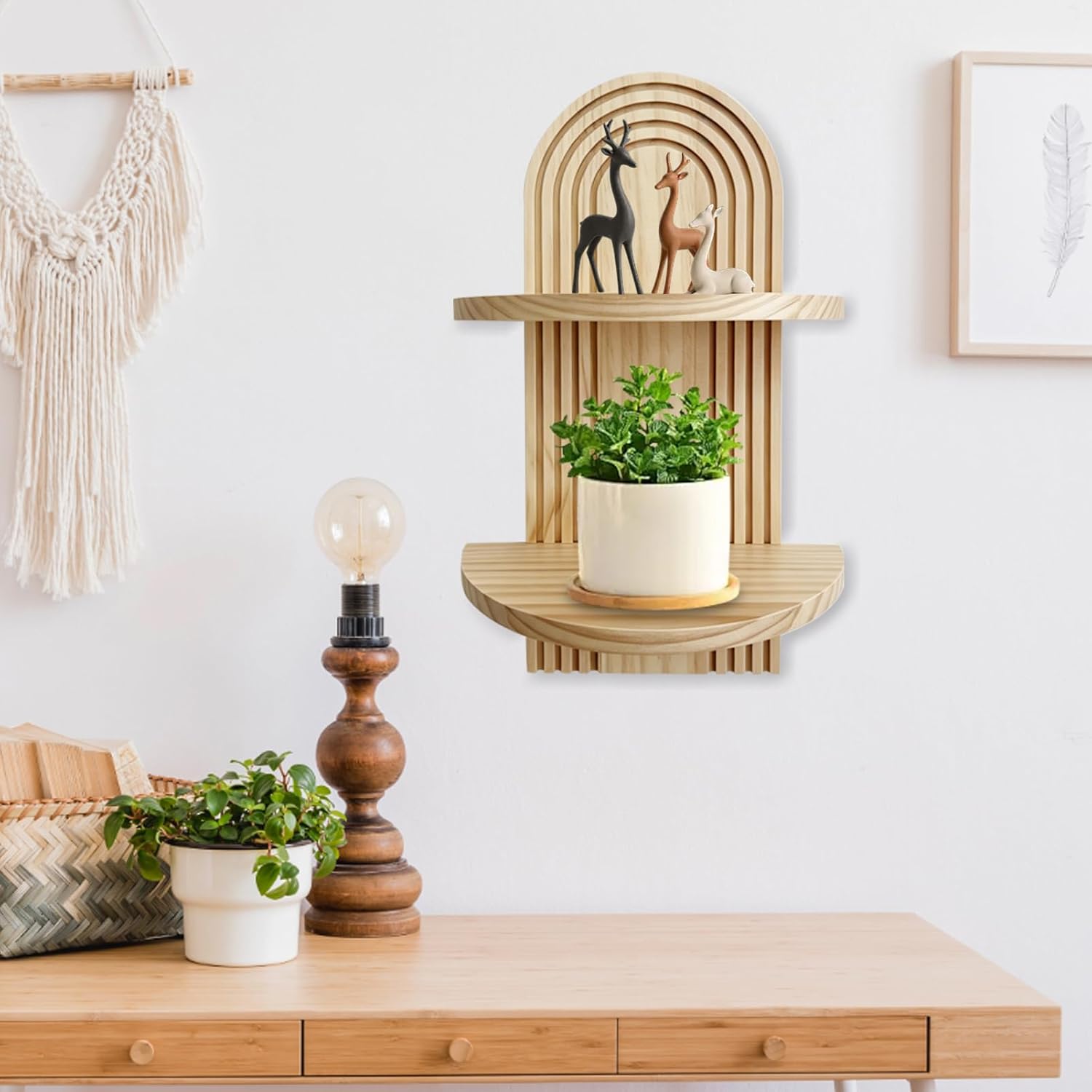 Boho Wall Shelf Set of 2, 2-Tier Wooden Floating Shelves, Mid Century Modern Plant Shelf, Natural Wood, Natural