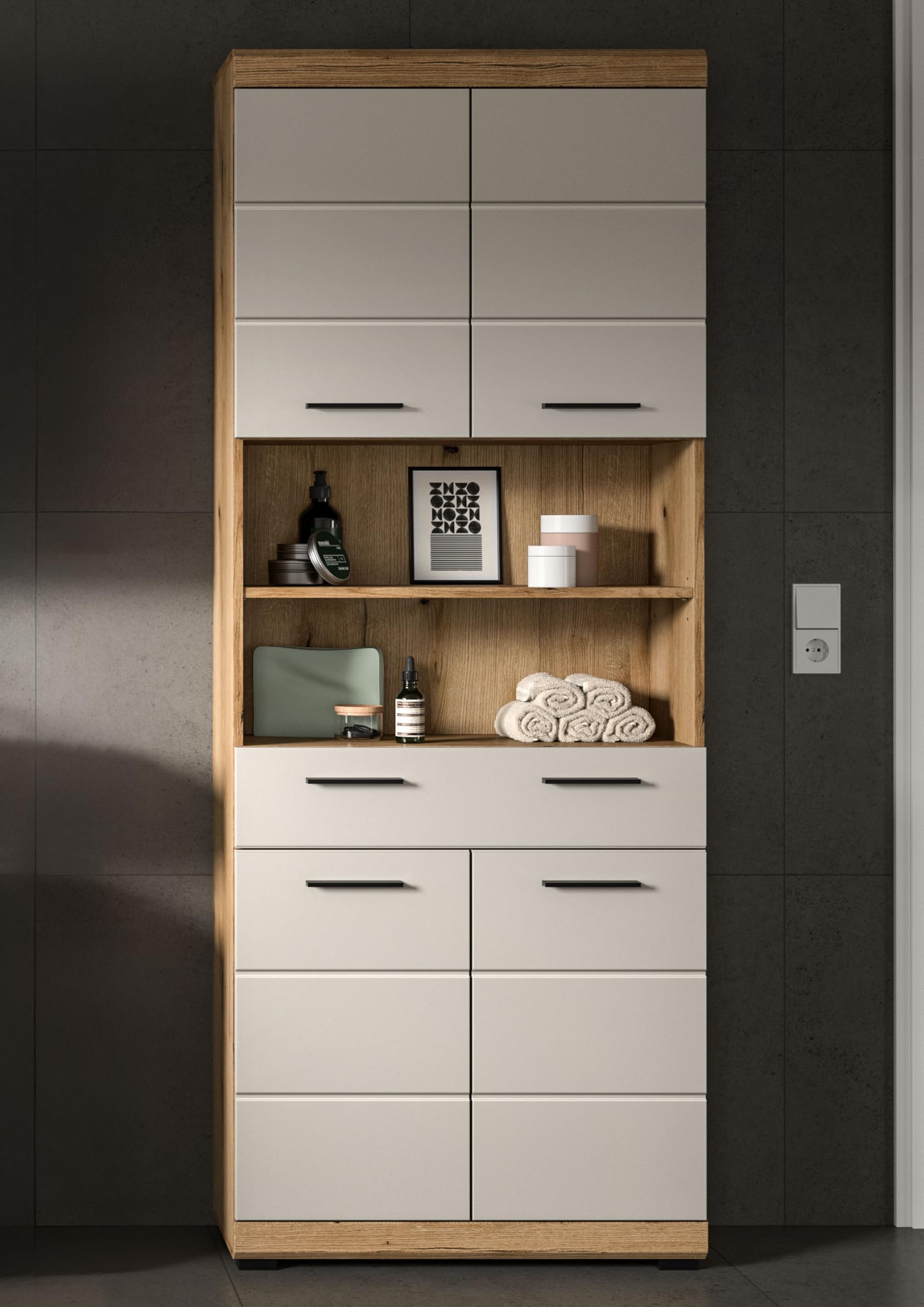 xonox.home – Hochschrank Scout 74x191x31 cm in Evoak Oak und Kaschmir Nachbildung matt – Breiter Hochschrank für Badezimmer – großzügig – Bild 3