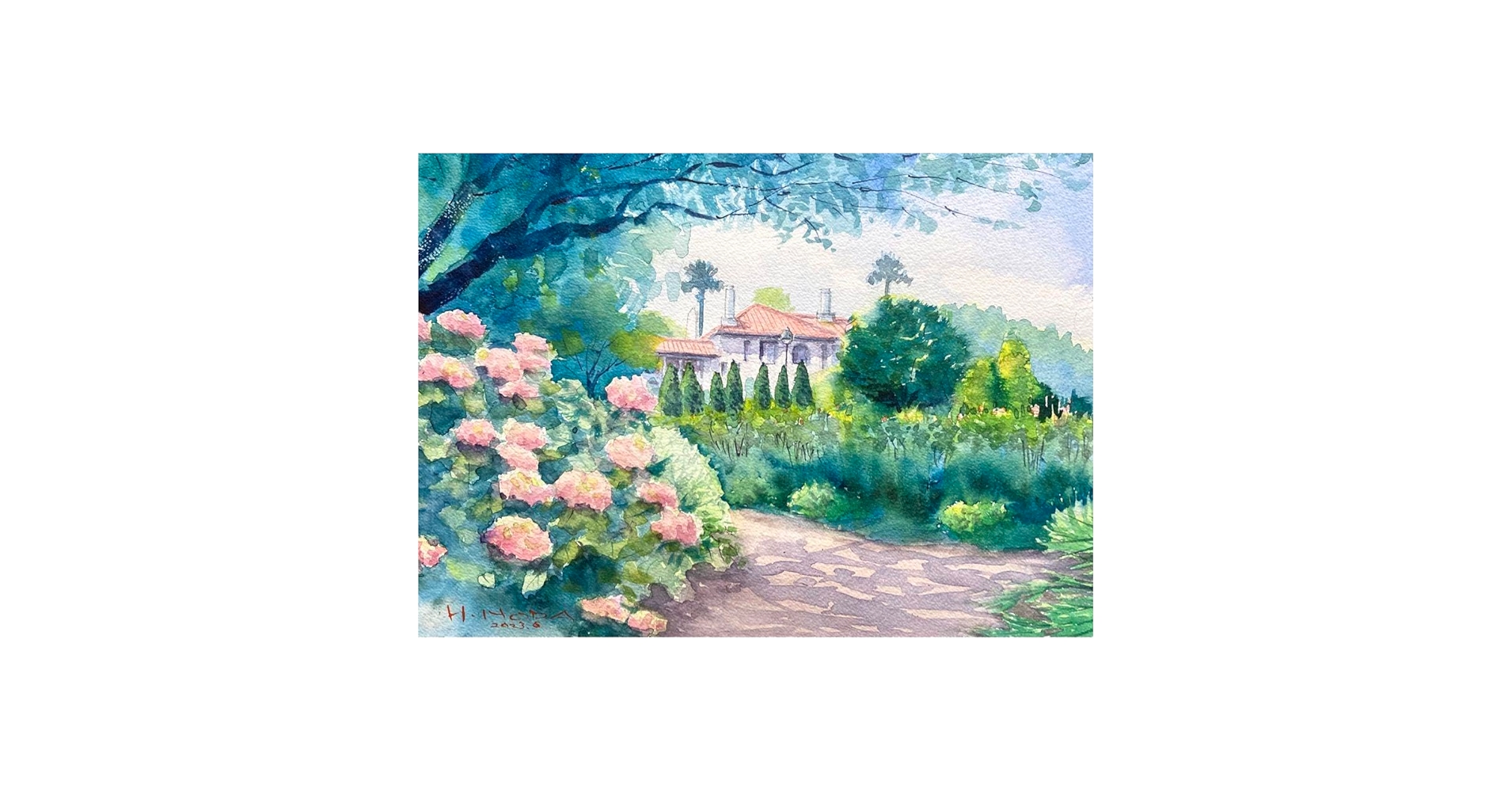 Amazon.co.jp: 377＊紫陽花とイギリス館 水彩画 原画 透明水彩