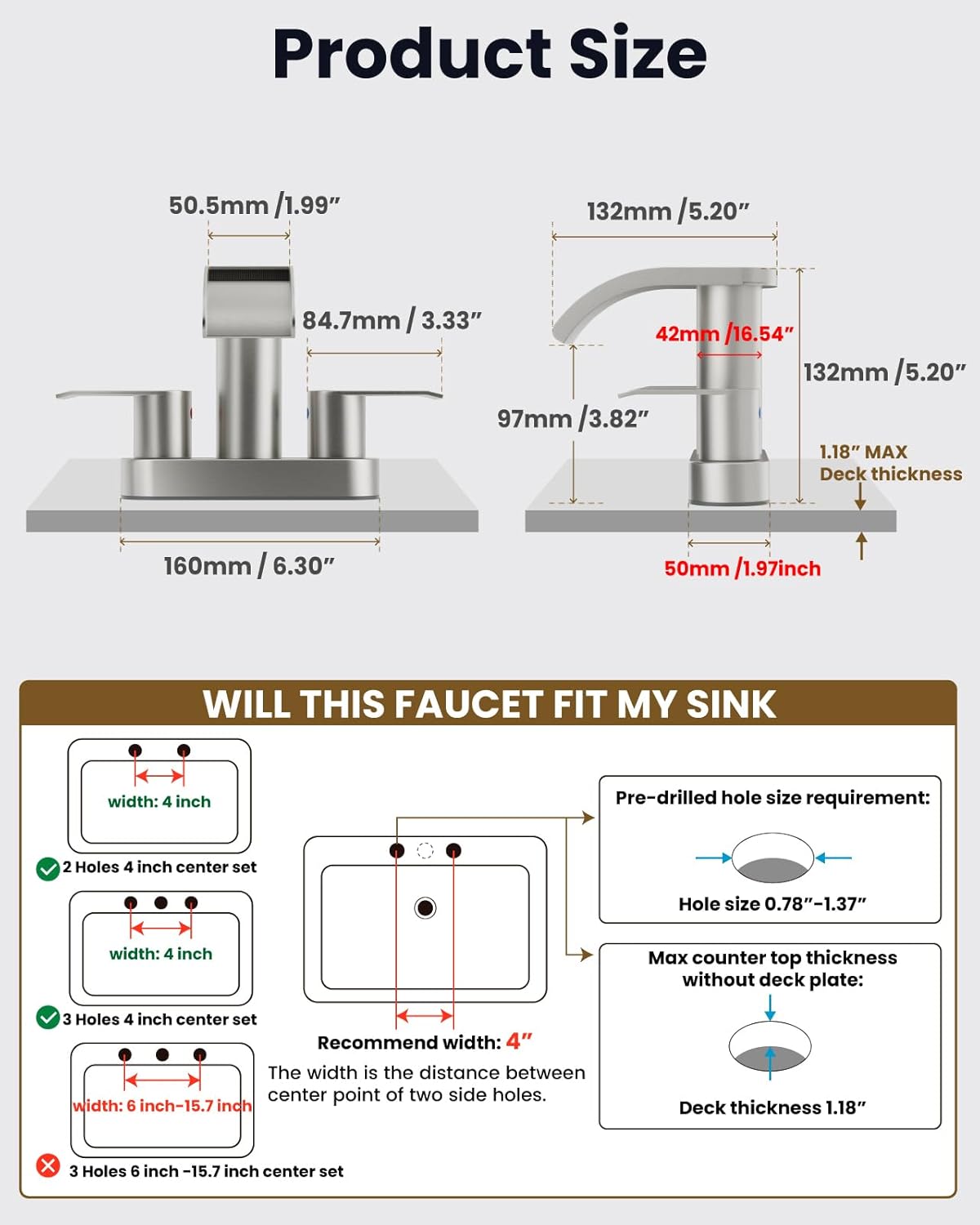 gotonovo 4 Inch Centerset Waterfall Bathroom Sink Faucet Deck Mount 2 Handle Basin Faucets 2 or 3 Hole with Pop Up Drain Included Lavatory Modern Mixer Tap Vanity Faucet Brushed Nickel