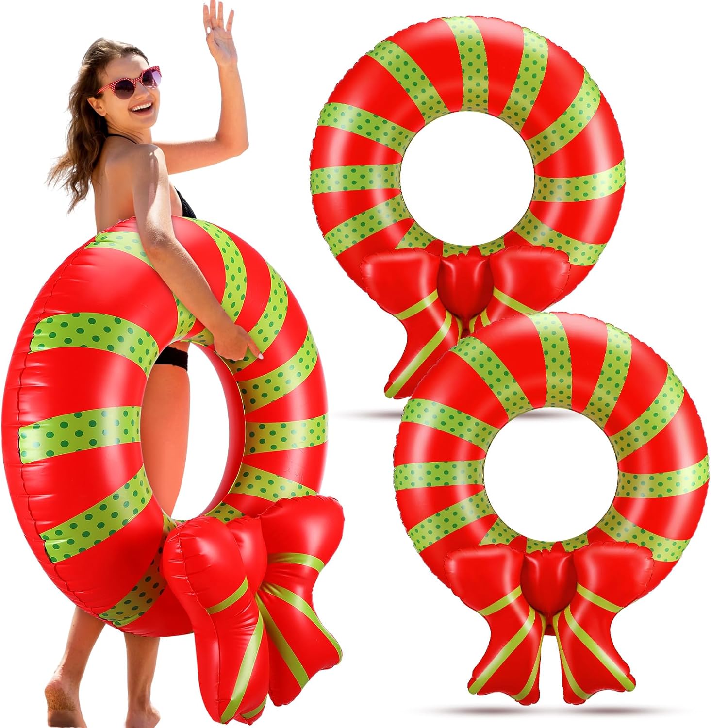 Christmas Inflatable Pool Decorations Red Green Wreath Inflatable Swim Pool Floats Rings Toys for Christmas Party Winter Holiday Indoor Outdoor Yard Decorations