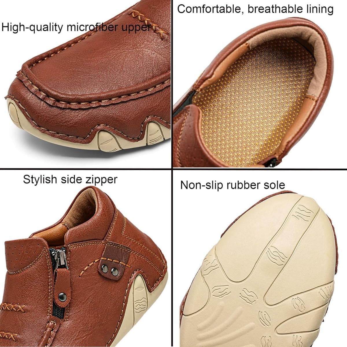 Men's Leather Hand Stitching High Top Ankle Boots Comfort Slip On Orthopedic Leather Boots Wide Toe,Arch Support Waterproof Non-Slip Side Zipper Mid Driving Chukka Loafers - Image 3