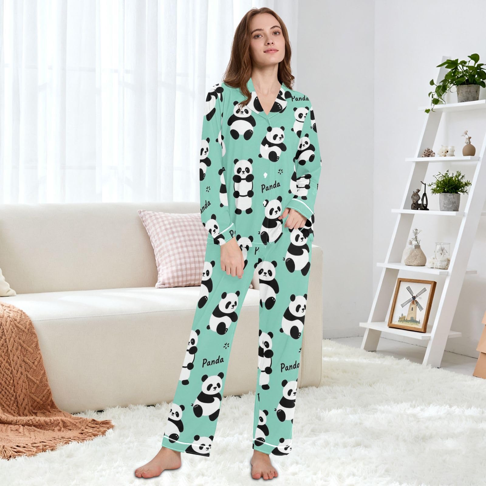 Wudan Zielona Panda Bear Pocket Sleep Pants Mid Waist Zestawy piżam Codzienny relaks dla kobiet