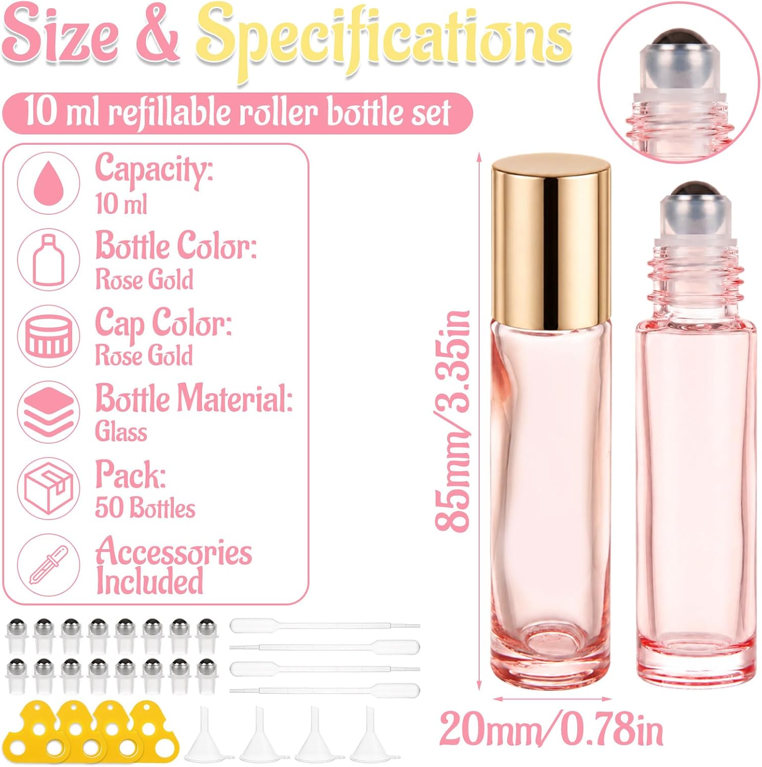 Acrux7 50 Pack 10ml Essential Oils Roller Rottles Rose Gold Glass