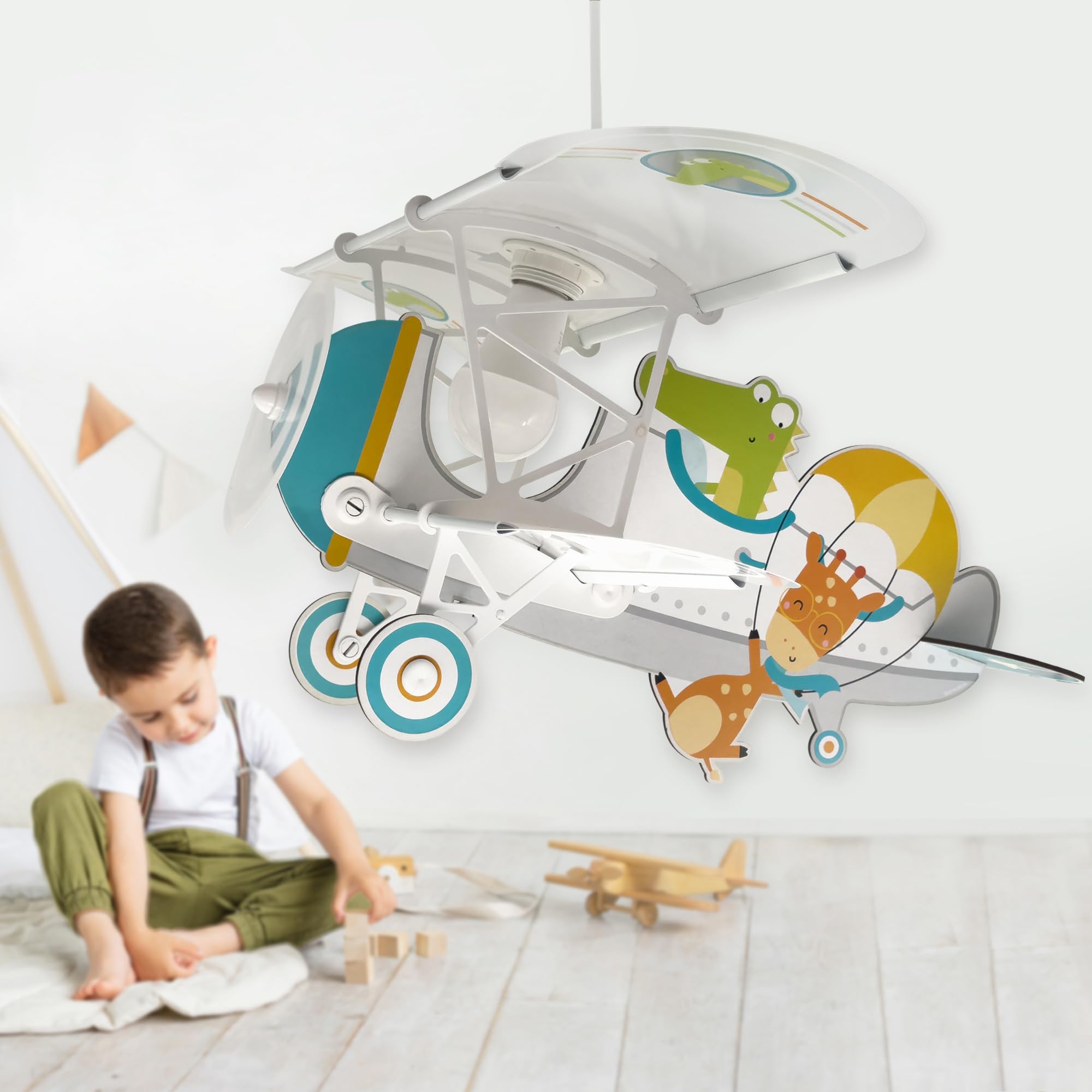 Dalber Lámpara Techo Colgante Infantil Avión Cocodrilo Blanco 54542 E27 | E27 - 15W; Habitación niños; lámparas infantiles; brilla en la oscuridad;