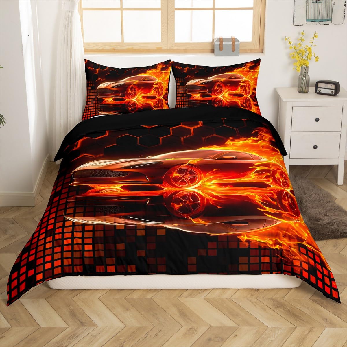 Homemissing Orange Race Car Flame Duvet Cover Set Cot Size For Kids Boys Teens Black Honeycomb Racing Car Bedding Set Fast and Furious Speed Sports Duvet Cover with 1 Pillowcase