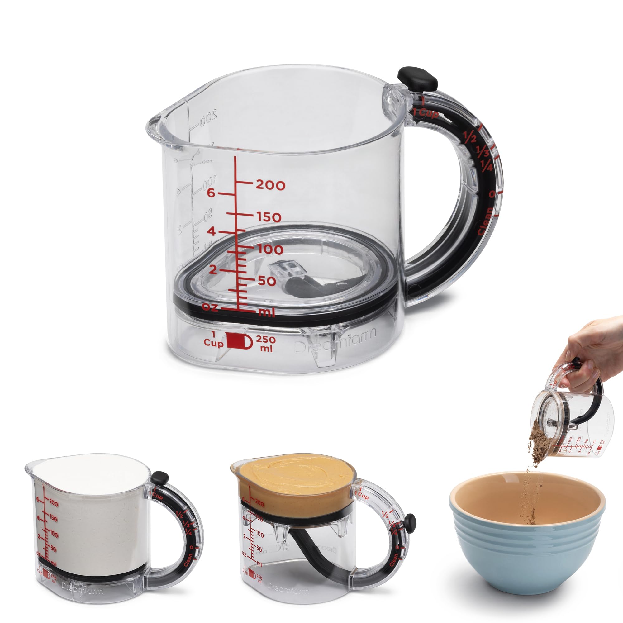 Dreamfarm Upcup All-in-1 Adjustable Measuring Cup, Metric & Imperial Measurements up to 1 Cup - Black/Clear