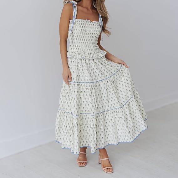 Yoisdtxc Women Boho Tie Shoulder Maxi Dress Y2k Floral Smocked Long Dress Sleeveless Flowy Summer Beach Sundress