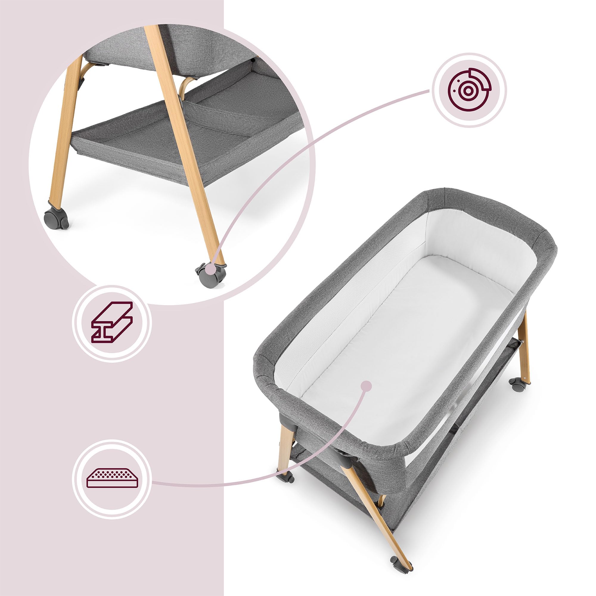 Moby-System Lit Bébé avec Matelas - Berceau Pliant 0-6 Mois - Gris Mélange - Respirant, Léger, Mobile avec roulettes et Freins, Pliable avec Panier de Rangement - LOZ Mili