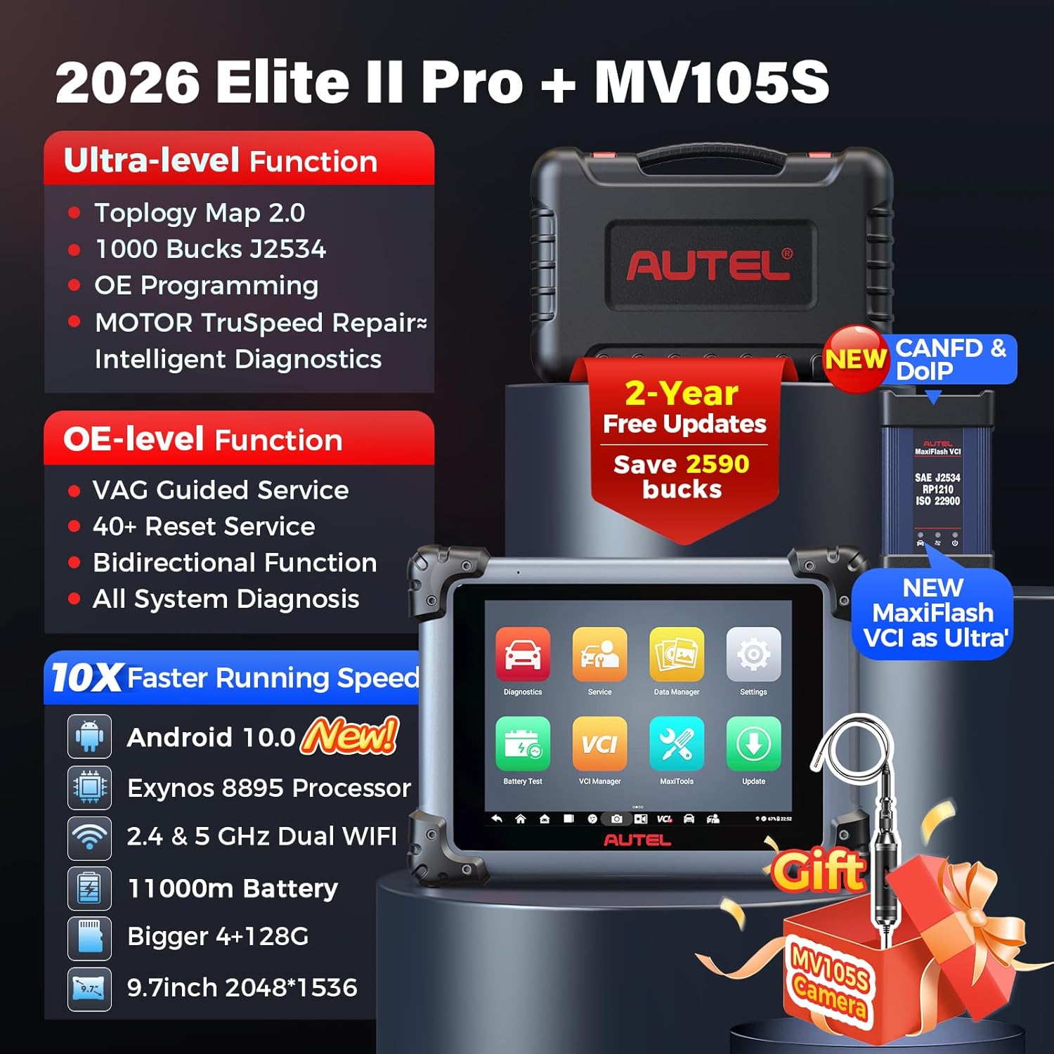 Autel Scanner MaxiSys Elite 2 PRO: 2026 2-Year Updates Elite II PRO w/ MV105S, J2534 Programming as Ultra MS909 MS919 Up of MS908S PRO II, Motor TruSpeed Repair, 40+ Resets, 3K Active Test, DOIP CANFD