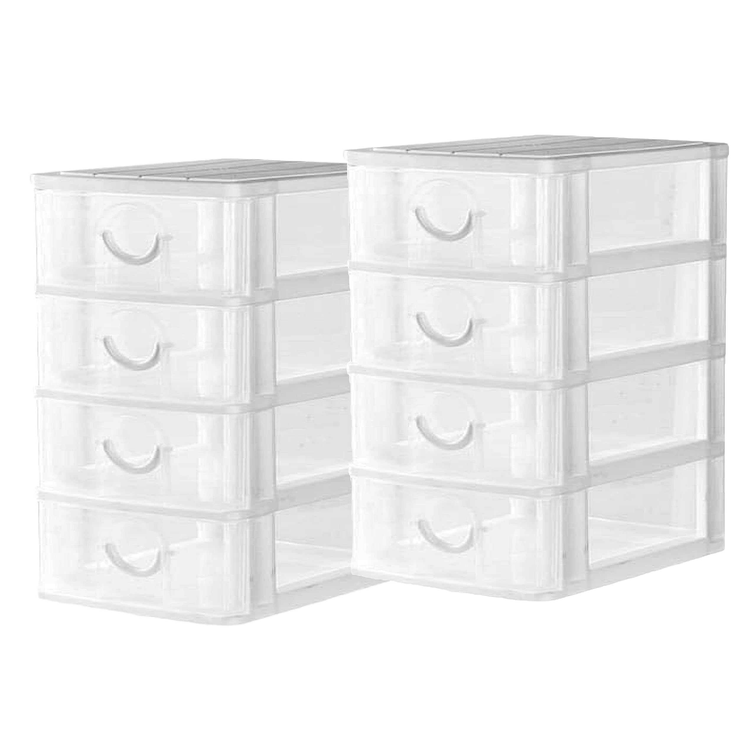 Lizzy 2 x Mini Storage Unit | 14.5cm x 9cm x 13cm | Transparent Mini Storage Tower | 4 Drawer with Handles | For Store Small Parts Crafts Desk Bathroom Kitchen Office (White)