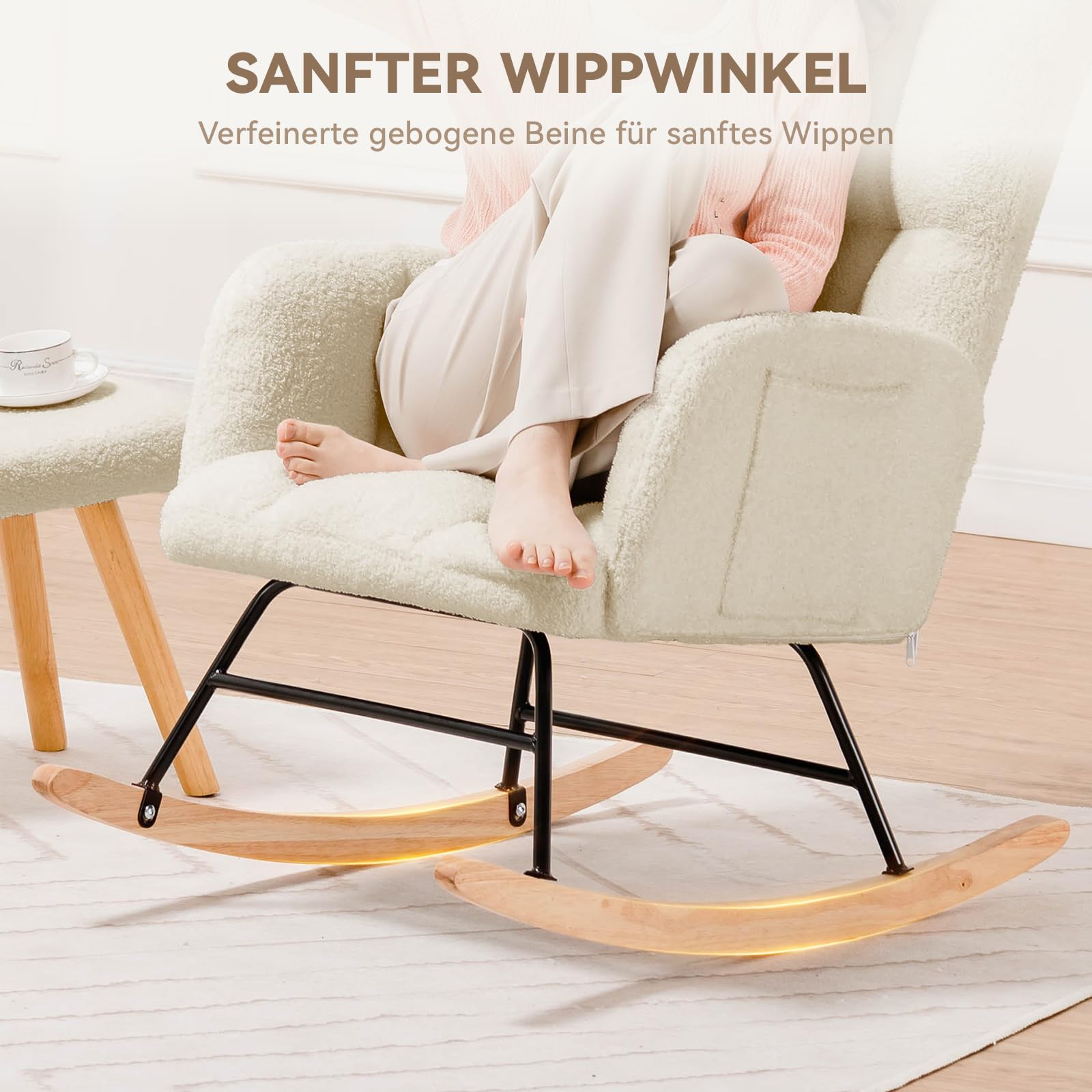 COMHOMA Schaukelstuhl, Relaxsessel mit Armlehnen, Ohrensessel aus Teddy-Plüsch Schaukelsessel, bis 150 kg belastbar, sonnenliege gartenliege für Schlafzimmer, Wohnzimmer, Stilvolles Design Beige