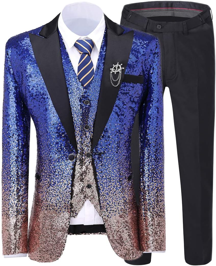 Men's Suit Three Pieces Shiny Sequin Mens Suit Notch Lapel Tuxedo for Wedding