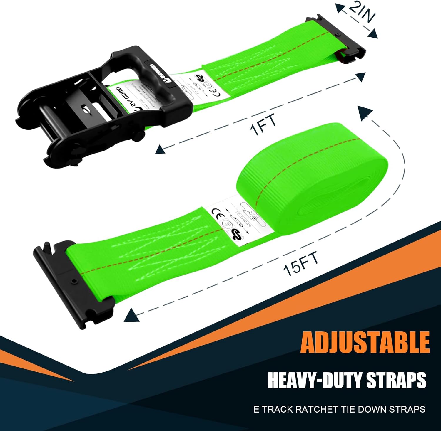 6 Pack E-Track Ratchet Straps 2" x 16ft Heavy Duty, Box Truck Cargo Strap, Etrack Accessories, 2200lbs Working Load for Trailer Green - Image 3