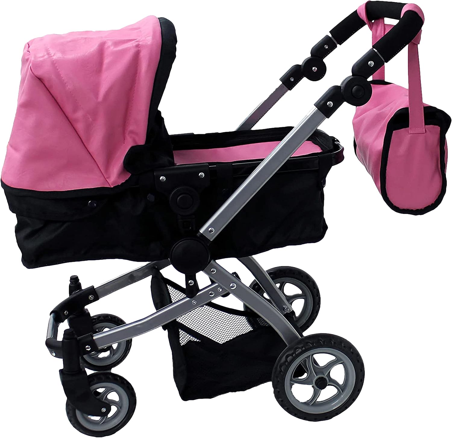 Mommy & Me Babyboo Luxury Leather Look Doll Pram with Swiveling Wheels & Adjustable Handle and Free Carriage Bag - 9651B Pink